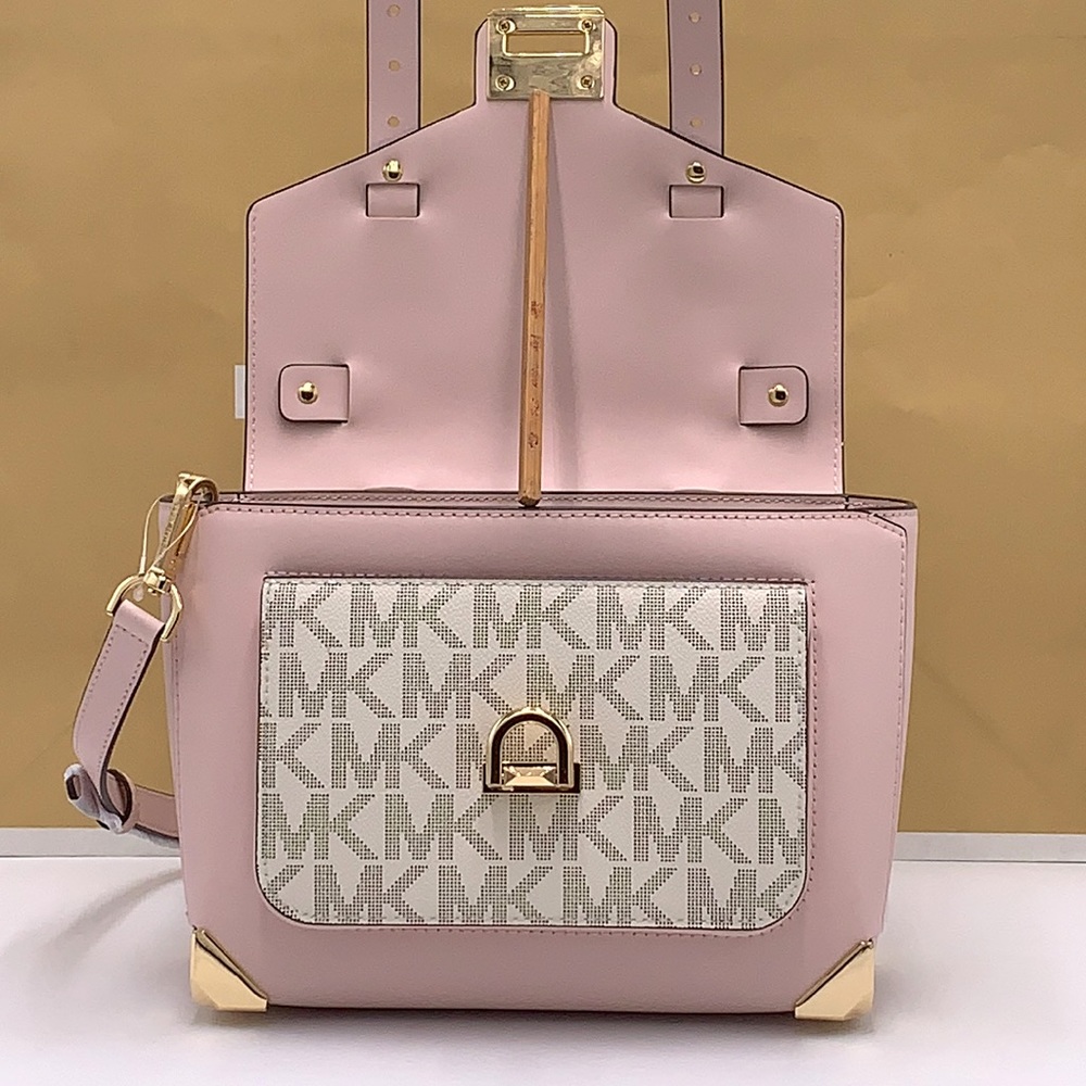 MICHAEL KORS 
Manhattan Medium Leather and Logo Satchel POWDER BLUSH MULTI COLOR - Picture 3 of 13